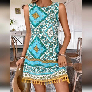 Ladies' Floral Printed Spaghetti Strap Dress With Fringe Hem